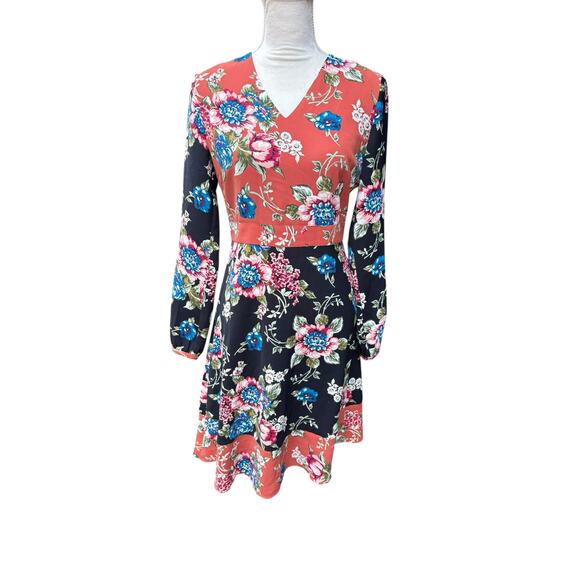 Brooks Brothers Red Fleece Floral V Neck Long Sleeve Fit and Flare Dress - 4 - Picture 2 of 9